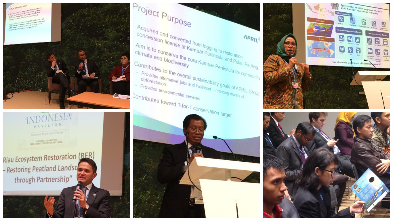 Diskusi panel tentang restorasi lahan gambut tingkat lanskap di Indonesia Pavilion, COP21 Paris